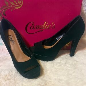 *CANDiES* Juniors Size 7.5 CASUNNYBLACK*Classic SOFT Black Peep Toe Heels